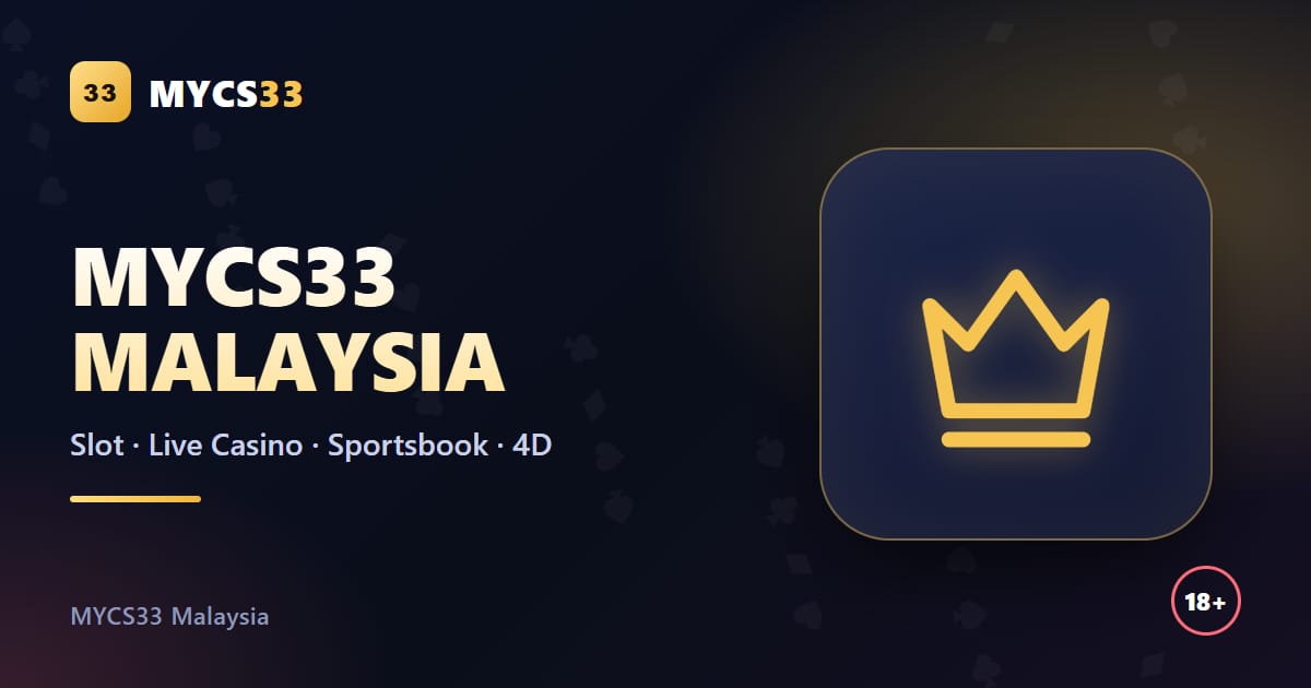 Grafik MYCS33 Malaysia dengan ikon mahkota dan kategori slot, kasino langsung, sportsbook dan 4D